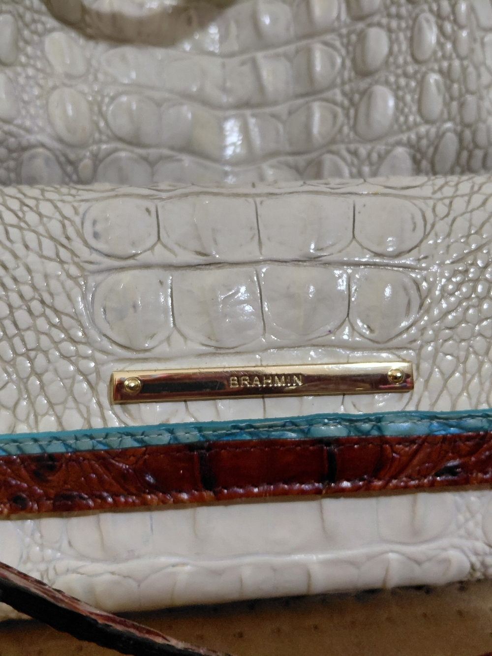 Brahmin White Croc-Embossed Tote with Brown Trim and Wallet - Picture 4 of 9